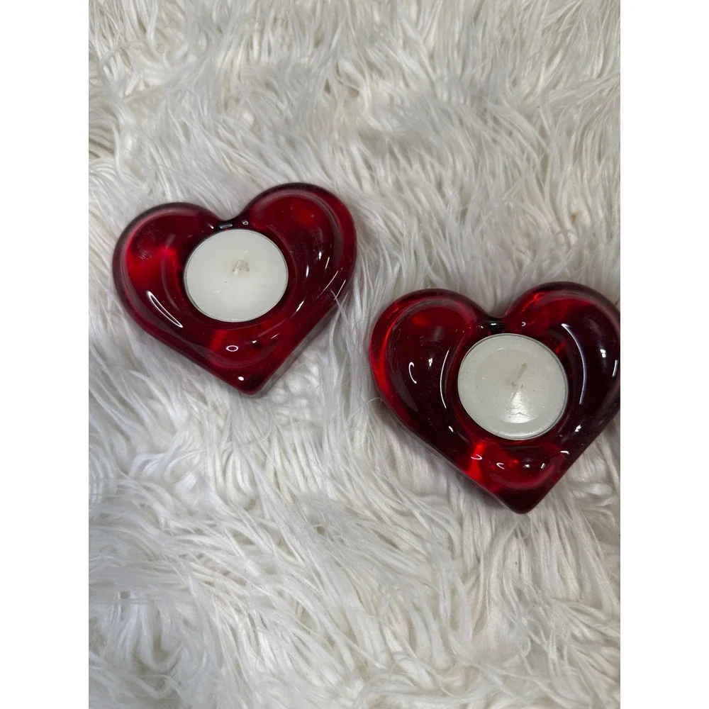 Red Glass Heart Tealight Candle Holders Set of 2 Valentines Day Decor 3 inch